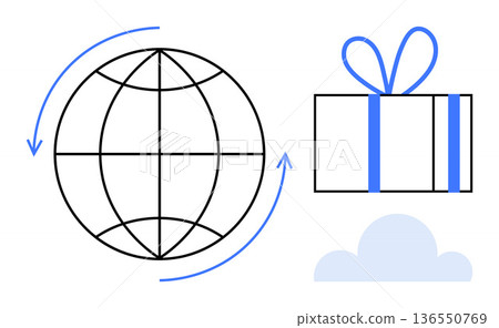 Online shopping, global delivery, international giving, retail marketplace, sustainability, and logistics. A globe with arrows and a gift box. Global delivery and international giving Online shopping, global delivery, international giving, retail marketplace, sustainability, and logistics. A globe with arrows and a gift box. Global delivery and international giving 136550769