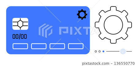 Finance, tech services, payment systems, digital security, banking, and financial tools. A card with a chip and a gear icon. Payment systems and digital security concept 136550770