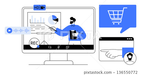 Digital marketing, online education, remote work, e-commerce, video conferencing, virtual presentations. A screen showing a person giving a presentation, charts and icons. Online education 136550772