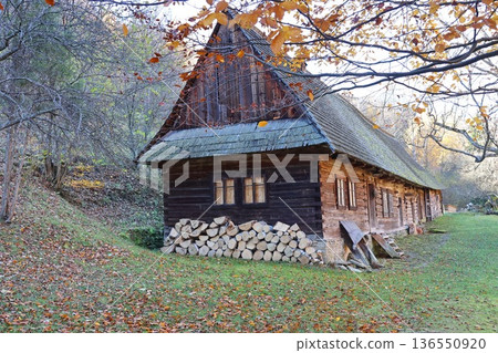 A large wooden house sits in a forest clearing. A large wooden house sits in a forest clearing. 136550920
