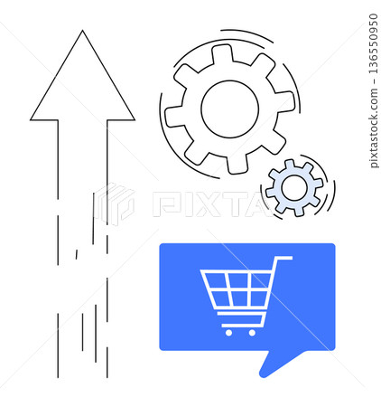 Business innovation, online shopping, digital transformation, market strategy, e-commerce solutions, growth. Blue shopping cart icon, gears and arrow. E-commerce solutions and growth Business innovation, online shopping, digital transformation, market strategy, e-commerce solutions, growth. Blue shopping cart icon, gears and arrow. E-commerce solutions and growth 136550950