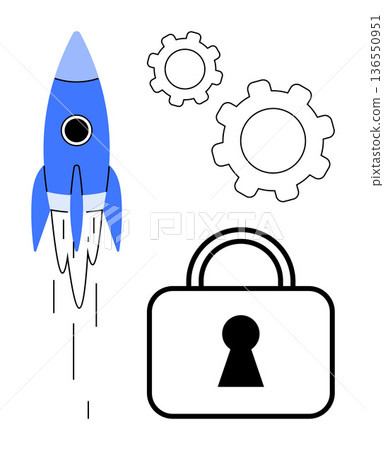 Innovation, cybersecurity, startup growth, safety measures, secure technology, digital transformation. Blue rocket, gears and a padlock symbol. Innovation and cybersecurity concept Innovation, cybersecurity, startup growth, safety measures, secure technology, digital transformation. Blue rocket, gears and a padlock symbol. Innovation and cybersecurity concept 136550951