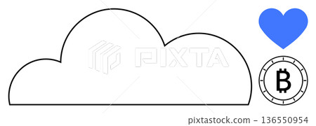 Cryptocurrency, blockchain, cloud storage, digital finance, fintech, decentralized systems. Black cloud outline, blue heart Bitcoin symbol. Cryptocurrency and cloud storage concept Cryptocurrency, blockchain, cloud storage, digital finance, fintech, decentralized systems. Black cloud outline, blue heart Bitcoin symbol. Cryptocurrency and cloud storage concept 136550954