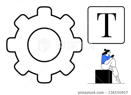 Productivity, creativity, education, typography, technology, innovation. Gear icon, text symbol and a person reading on a block. Productivity and creativity visual concept 136550957