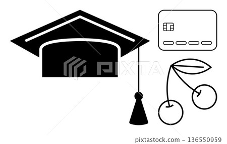 Education, financial planning, agriculture, scholarship funding, career growth, symbolic meanings. Black graduation cap, credit card and cherries. Education and financial planning concept 136550959