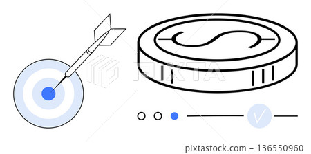 Business goals, financial success, investment, savings, currency, precision strategy. A dart hits a target and a coin with a dollar sign is illustrated. Business goals and financial success concept 136550960