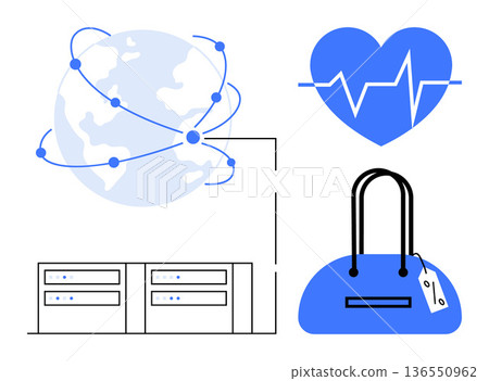 E-commerce, global communication, technology infrastructure, health monitoring, digital economy, data storage. Globe with network, heartbeat icon data servers purse with tag. E-commerce and global E-commerce, global communication, technology infrastructure, health monitoring, digital economy, data storage. Globe with network, heartbeat icon data servers purse with tag. E-commerce and global 136550962