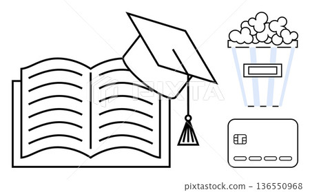 Education, entertainment, financial literacy, learning, graduation, lifestyle. Open book with graduation cap, popcorn credit card. Education and financial literacy concept Education, entertainment, financial literacy, learning, graduation, lifestyle. Open book with graduation cap, popcorn credit card. Education and financial literacy concept 136550968