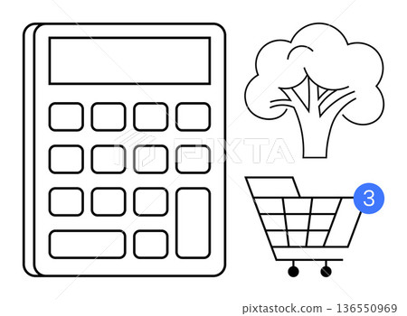 E-commerce, online shopping, sustainability, cost calculation, digital finance, environmental impact. Features a calculator, shopping cart with notification and tree icon. E-commerce E-commerce, online shopping, sustainability, cost calculation, digital finance, environmental impact. Features a calculator, shopping cart with notification and tree icon. E-commerce 136550969