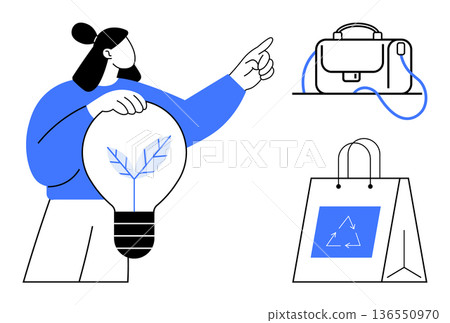 Sustainability, environmental awareness, eco-friendly products, waste reduction, recycling, green living. Person holding light bulb, pointing at bag eco symbols. Sustainability and environmental 136550970