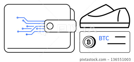 Digital payments, cryptocurrency, blockchain, fintech, e-commerce, virtual currency. Image shows a digital wallet with circuitry and a bitcoin card. Digital payments and cryptocurrency concept Digital payments, cryptocurrency, blockchain, fintech, e-commerce, virtual currency. Image shows a digital wallet with circuitry and a bitcoin card. Digital payments and cryptocurrency concept 136551003