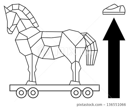Cybersecurity, mythological caution, software protection, digital dangers, hacking, concept design. Geometric Trojan horse on wheels, arrow pointing upward sneaker graphic. Cybersecurity and digital 136551066