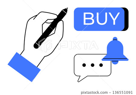 Online shopping, notifications, digital interaction, communication, e-commerce services, user interface. Hand with a pen near buy button, bell and speech bubble. Online shopping and notifications Online shopping, notifications, digital interaction, communication, e-commerce services, user interface. Hand with a pen near buy button, bell and speech bubble. Online shopping and notifications 136551091