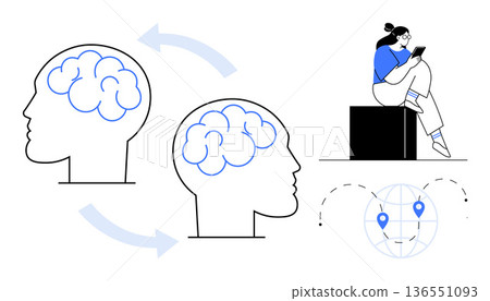 Brain transfer, digital connectivity, global communication, knowledge sharing, technology, virtual interaction. Two human heads with interconnected arrows and brain outlines. Brain transfer Brain transfer, digital connectivity, global communication, knowledge sharing, technology, virtual interaction. Two human heads with interconnected arrows and brain outlines. Brain transfer 136551093