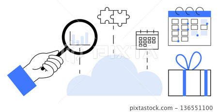 Data analysis, cloud computing, productivity, planning, collaboration, rewards. A hand holding a magnifying glass examines a cloud connected to puzzle pieces, a calendar and a gift box. Data 136551100