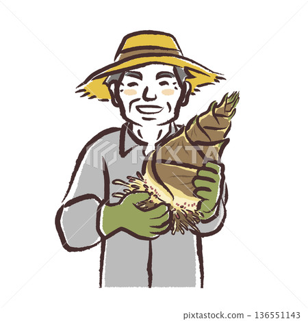 一幅筆觸描繪的笑容可掬的資深男性製片人，手中拿著剛挖出的竹筍。 136551143