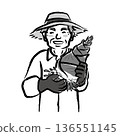A brush-stroke monochrome illustration of a senior male producer holding freshly dug bamboo shoots with a smile 136551145