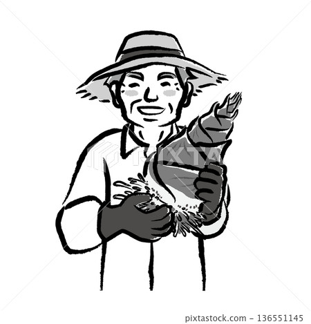 一幅筆觸單色插畫，描繪了一位資深男性製片人面帶微笑地手捧剛挖出的竹筍。 136551145