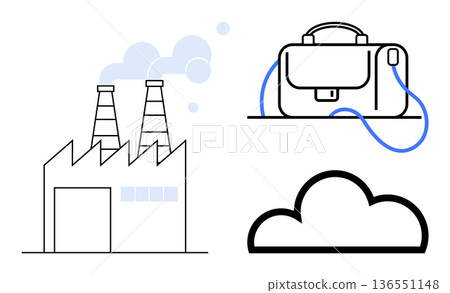 Industry, remote work, cloud computing, business innovation, technology solutions, manufacturing. A factory, a briefcase and a cloud in minimalistic style. Remote work and cloud computing concept 136551148
