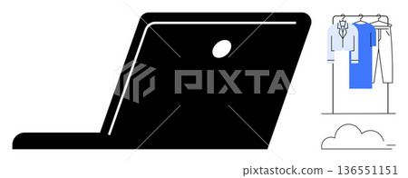 E-commerce, online shopping, digital retail, productivity, fashion sales, cloud storage. Black laptop silhouette, clothing rack with garments cloud icon. E-commerce and online shopping concept E-commerce, online shopping, digital retail, productivity, fashion sales, cloud storage. Black laptop silhouette, clothing rack with garments cloud icon. E-commerce and online shopping concept 136551151