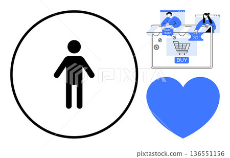 E-commerce, customer loyalty, user experience, digital transactions, love for shopping, and cashback rewards. Stick figure icon, online shopping cart heart cashback elements. E-commerce 136551156