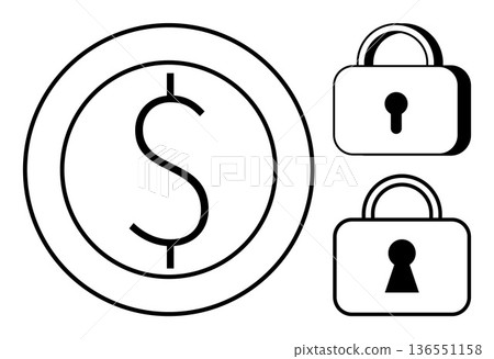 Finance, cybersecurity, digital transactions, data protection, online banking, secure payments. A dollar sign in a circle with two padlock icons. Finance and cybersecurity concepts Finance, cybersecurity, digital transactions, data protection, online banking, secure payments. A dollar sign in a circle with two padlock icons. Finance and cybersecurity concepts 136551158