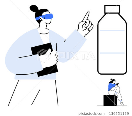 Futuristic technology, virtual reality, innovation, smart devices, product design, user interaction. Person wearing VR glasses pointing at a water bottle with a sitting figure. Futuristic technology Futuristic technology, virtual reality, innovation, smart devices, product design, user interaction. Person wearing VR glasses pointing at a water bottle with a sitting figure. Futuristic technology 136551159