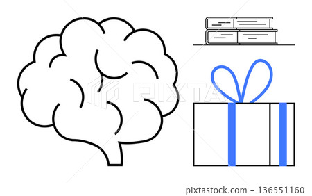 Knowledge sharing, creative thinking, education, intellectual growth, gift of learning, brainstorming. Brain, gift box and books in a minimalist design. Knowledge sharing and creative thinking Knowledge sharing, creative thinking, education, intellectual growth, gift of learning, brainstorming. Brain, gift box and books in a minimalist design. Knowledge sharing and creative thinking 136551160