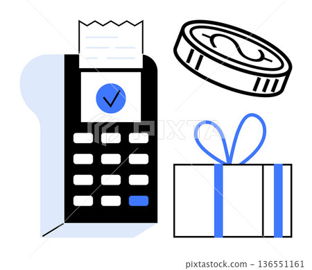 E-commerce, financial transactions, cashless payments, holiday shopping, gift-giving, rewards. A point-of-sale terminal, coin and gift box are . Cashless payments and holiday shopping concept E-commerce, financial transactions, cashless payments, holiday shopping, gift-giving, rewards. A point-of-sale terminal, coin and gift box are . Cashless payments and holiday shopping concept 136551161
