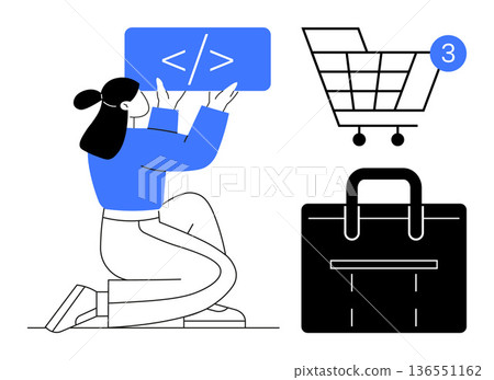 Online shopping, software development, business solutions, digital transactions, retail tech, innovation. Woman holding a coding symbol, shopping cart with notification briefcase icon. E-commerce Online shopping, software development, business solutions, digital transactions, retail tech, innovation. Woman holding a coding symbol, shopping cart with notification briefcase icon. E-commerce 136551162