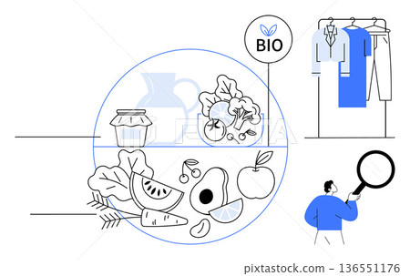 Organic food, sustainability, eco-conscious living, ethical fashion, healthy lifestyle, inspection process. Fruits, vegetables clothing and a person examining with a magnifying glass. Organic food Organic food, sustainability, eco-conscious living, ethical fashion, healthy lifestyle, inspection process. Fruits, vegetables clothing and a person examining with a magnifying glass. Organic food 136551176