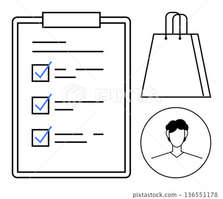 Task management, shopping, user profile, productivity tools, business planning, e-commerce. Clipboard with checkmarks, shopping bag and user figure. Task management and shopping concept Task management, shopping, user profile, productivity tools, business planning, e-commerce. Clipboard with checkmarks, shopping bag and user figure. Task management and shopping concept 136551178