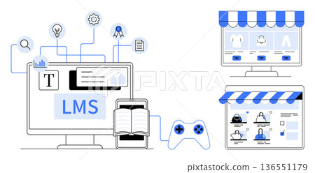 Learning management, online education, digital stores, e-commerce platforms, remote learning, digital tools. LMS system with icons for learning and interactive tools. Learning management and online Learning management, online education, digital stores, e-commerce platforms, remote learning, digital tools. LMS system with icons for learning and interactive tools. Learning management and online 136551179