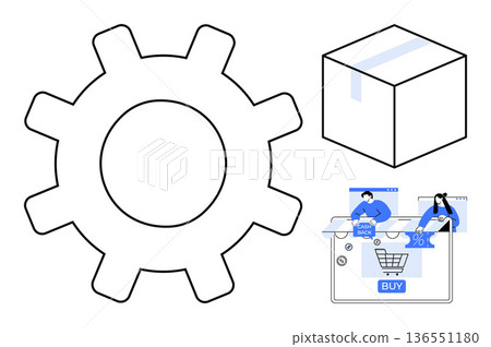 Online shopping, logistics, digital retail, automation, productivity, supply chain. Gear symbol, product box and e-commerce platform interface. E-commerce and logistics conceptual ideas Online shopping, logistics, digital retail, automation, productivity, supply chain. Gear symbol, product box and e-commerce platform interface. E-commerce and logistics conceptual ideas 136551180