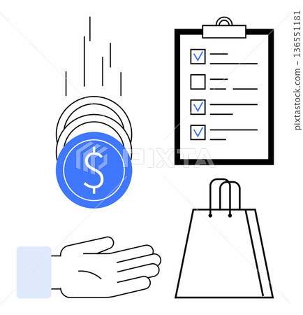 Finance, shopping, saving, payment, commerce, budgeting. Coins falling onto a hand, checklist with completed tasks shopping bag. Finance and shopping concepts visually 136551181