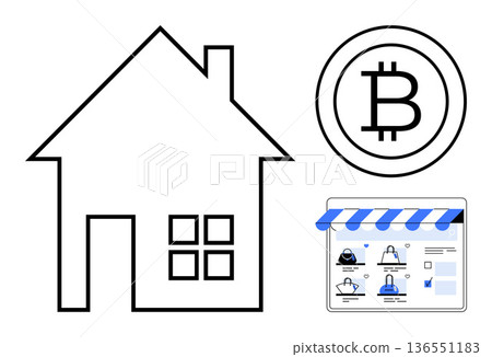Real estate transactions, cryptocurrency payments, online shopping, e-commerce platforms, digital economy, blockchain integration. House outline, Bitcoin icon shopping interface. Real estate Real estate transactions, cryptocurrency payments, online shopping, e-commerce platforms, digital economy, blockchain integration. House outline, Bitcoin icon shopping interface. Real estate 136551183