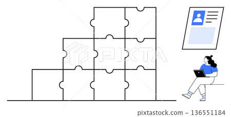 Problem solving, digital identity, online security, strategy building, teamwork, data management. Puzzle blocks stacked to form a structure, with a person holding a laptop near an ID card. Problem Problem solving, digital identity, online security, strategy building, teamwork, data management. Puzzle blocks stacked to form a structure, with a person holding a laptop near an ID card. Problem 136551184