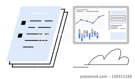 Business strategy, data analysis, financial reporting, document management, performance tracking, planning. Business document and analytics dashboard with graphs. Data analysis and financial Business strategy, data analysis, financial reporting, document management, performance tracking, planning. Business document and analytics dashboard with graphs. Data analysis and financial 136551188