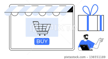 Online shopping, e-commerce strategy, digital marketing, retail solutions, customer experience, payment process. Shopping cart webpage, gift box and customer interaction. Online shopping Online shopping, e-commerce strategy, digital marketing, retail solutions, customer experience, payment process. Shopping cart webpage, gift box and customer interaction. Online shopping 136551189