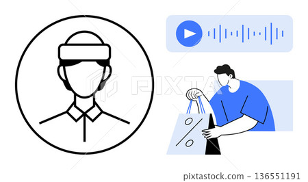 Technology, online shopping, voice recognition, e-commerce, futuristic tools, digital innovation. Minimalist line drawing of a person, audio wave and shopping bag. Technology and online shopping 136551191