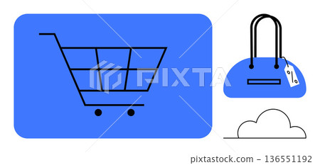 E-commerce, online retail, shopping trends, product selection, business growth, digital economy. Shopping cart, tagged bag cloud outline. E-commerce and online retail concepts E-commerce, online retail, shopping trends, product selection, business growth, digital economy. Shopping cart, tagged bag cloud outline. E-commerce and online retail concepts 136551192