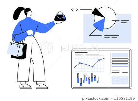 Online shopping, consumer behavior, market research, data trends, financial insights, e-commerce analytics. Woman holding a handbag with charts and graphs. E-commerce and market research concept Online shopping, consumer behavior, market research, data trends, financial insights, e-commerce analytics. Woman holding a handbag with charts and graphs. E-commerce and market research concept 136551199