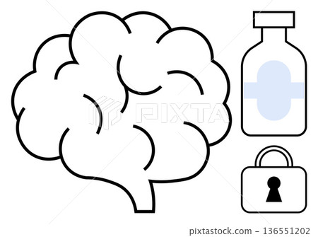 Mental health, cognitive security, medication usage, addiction, therapeutic solutions, intellectual safety. Brain outline with a medicine bottle and a lock. Mental health and cognitive security Mental health, cognitive security, medication usage, addiction, therapeutic solutions, intellectual safety. Brain outline with a medicine bottle and a lock. Mental health and cognitive security 136551202