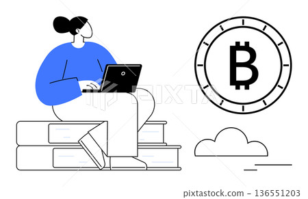 Cryptocurrency, blockchain, online education, financial technology, learning, remote work. Woman using laptop seated on stacked books beside a Bitcoin symbol in a minimal scene. Cryptocurrency 136551203