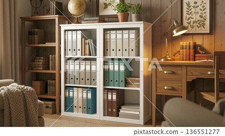 A cozy home office or study with a wooden bookshelf full of old books, a white organizer with files, a wooden desk with a lamp, and an armchair 136551277