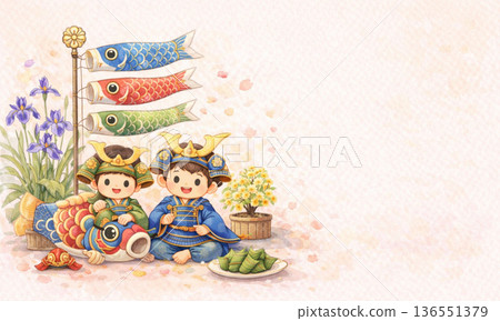 Watercolor illustration of a family celebrating Children's Day and Japanese-style decorations 136551379