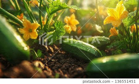 A peaceful garden scene featuring fresh zucchinis in rich soil, surrounded by lively green leaves and sunny yellow flowers under warm sunlight 136551451
