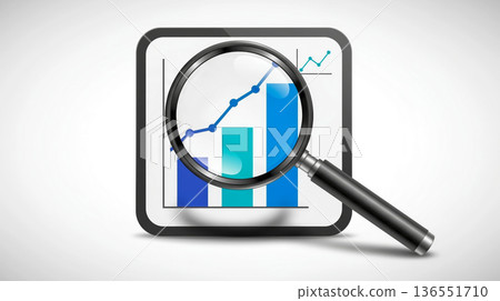 A magnifying glass hovers over a tablet displaying a bar and line graph, symbolizing data analysis and insights 136551710