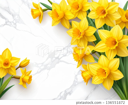 Bright Yellow Daffodil Blossoms on White Marble Background Illustration 136551872