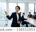 A Japanese woman in a business suit talking with a serious expression in an office conference room. Work, career, consultation 136551953